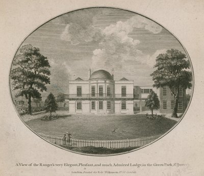 Vue de la très élégante, agréable et très admirée Loge du Ranger dans le Green Park, St James - English School