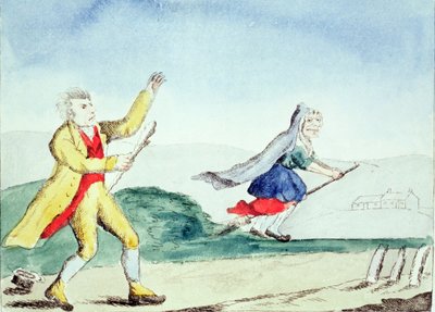 Une sorcière effraie un homme avec un gourdin, c.1790s - English School