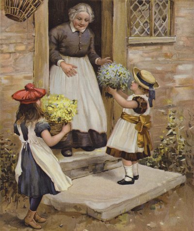Une femme regardant deux jeunes filles lui offrir des fleurs - English School