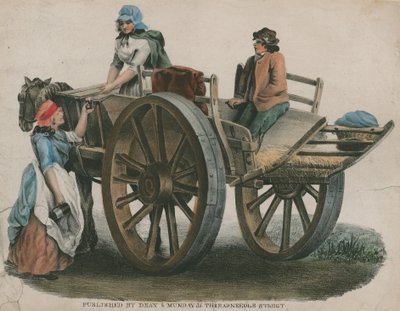 Une femme et un enfant sur une charrette tirée par des chevaux - English School