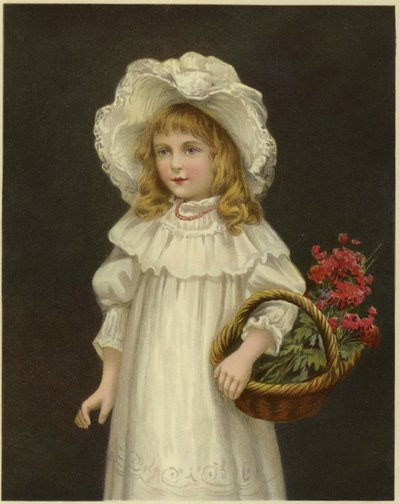 Une jeune fille vêtue de blanc tenant un panier de fleurs rouges - English School
