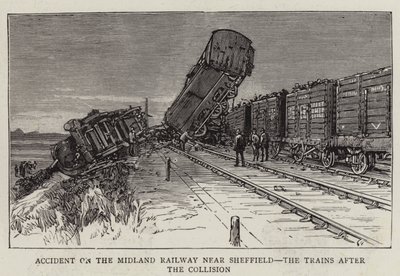 Accident sur le chemin de fer Midland près de Sheffield, les trains après la collision (gravure) - English School