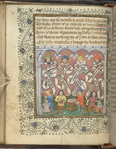 Les alchimistes Geber (800 ou 900 après J.-C.), Arnold de Villanova, Rhasis et Hermès Trismégiste, de 