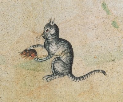 Un chat domestique jouant avec une souris, du Luttrell Psalter, commencé avant 1340 pour Sir Geoffrey Luttrell (1276-1345) (détail) - English School