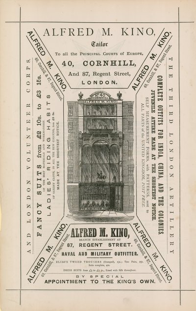 Publicité pour Alfred M Kino, tailleur, 40 Cornhill et 87 Regent Street, Londres - English School
