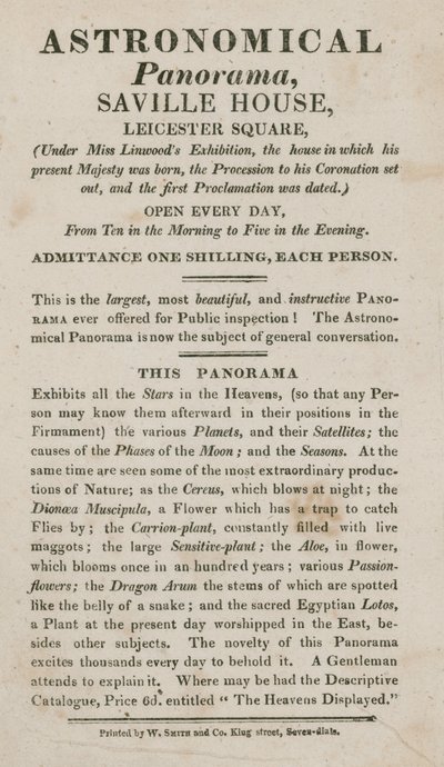 Annonce pour le panorama astronomique, Saville House, Leicester Square, Londres - English School