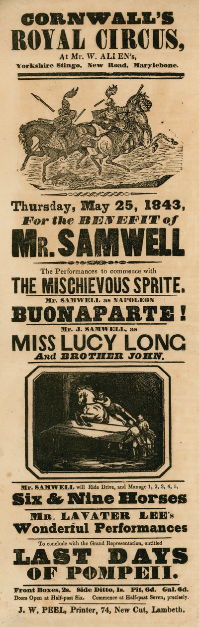 Annonce pour le Royal Circus de Cornwall, Yorkshire Stinge, New Road, Marylebone, Londres - English School