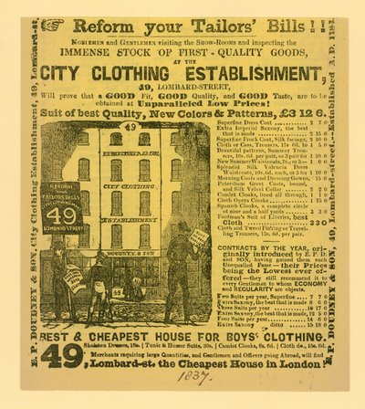 Publicité pour Doudney & Son, établissement de vêtements de la ville, 49 Lombard Street, Londres - English School
