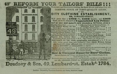 Publicité pour Doudney & Son, établissement de vêtements de la ville, 49 Lombard Street, Londres - English School