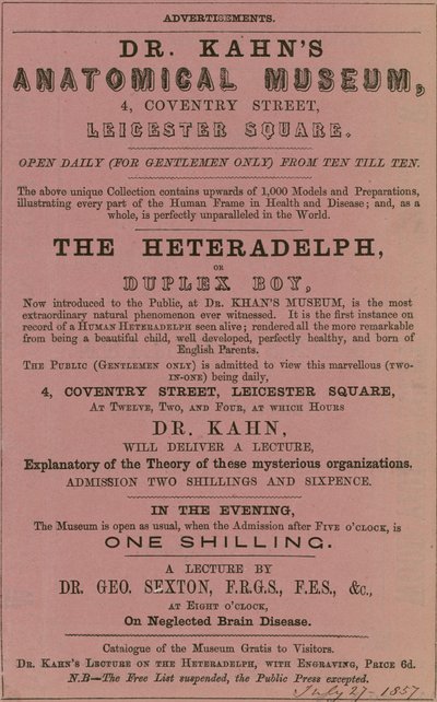 Publicité pour le Musée Anatomique du Dr Kahn - English School