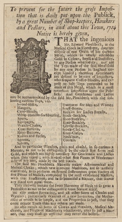 Publicité pour Edward Pinchbeck, Horloge musicale, Fleet Street, Londres, de 1734 - English School