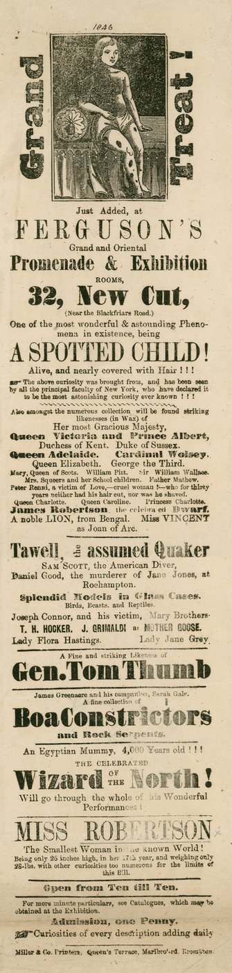 Annonce pour la grande et orientale promenade et exposition de Ferguson, 32 New Cut, Lambeth, Londres - English School