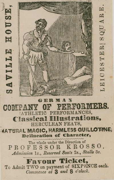 Annonce pour la compagnie allemande de performers, Saville House, Leicester Square, Londres - English School