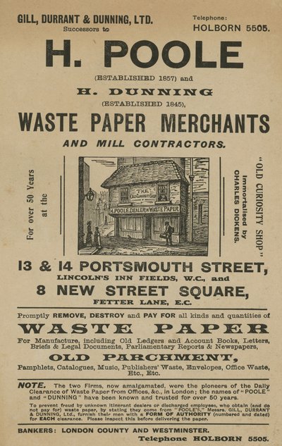 Publicité pour H Poole et H Dunning, Marchands de Papier Usagé et Entrepreneurs de Moulin - English School