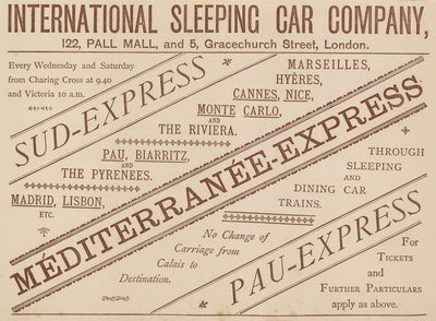 Publicité pour la Compagnie Internationale des Wagons-Lits, 122 Pall Mall et 5 Graceshurch Street, 1888 - English School