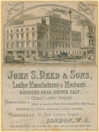 Publicité pour John S Deed & Sons, fabricants et marchands de cuir, 451 New Oxford Street, Londres - English School