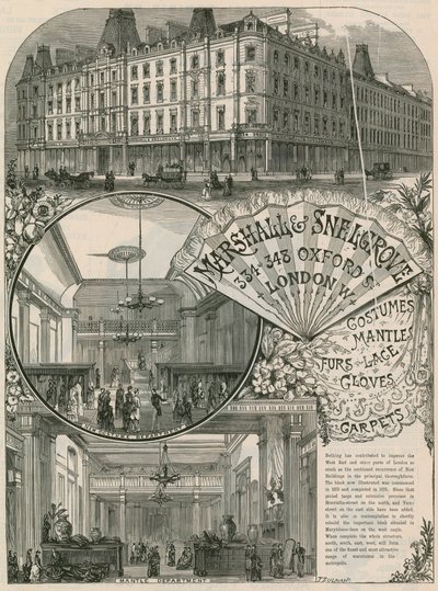 Publicité pour Marshall & Snelgrove, marchands de soie, lacemen, hosiers, de Vere Street, Oxford Street, Londres - English School