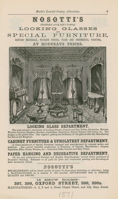 Publicité pour les miroirs et meubles spéciaux de Nosotti - English School