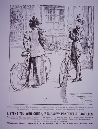 Publicité pour les pastilles de Poncelet montrant des femmes cyclistes, l