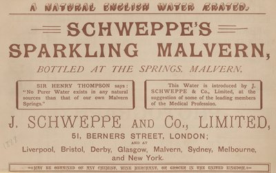Publicité pour Schweppes Sparkling Malvern, embouteillé aux sources, Malvern - English School