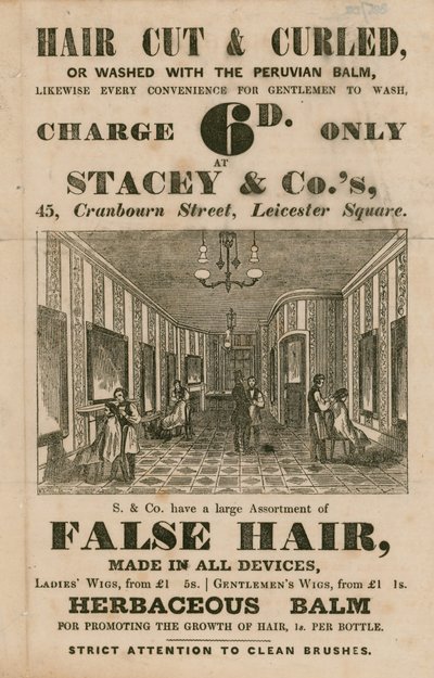 Publicité pour Stacey & Co., 45 Cranbourne Street, Leicester Square, Londres, coiffeurs - English School