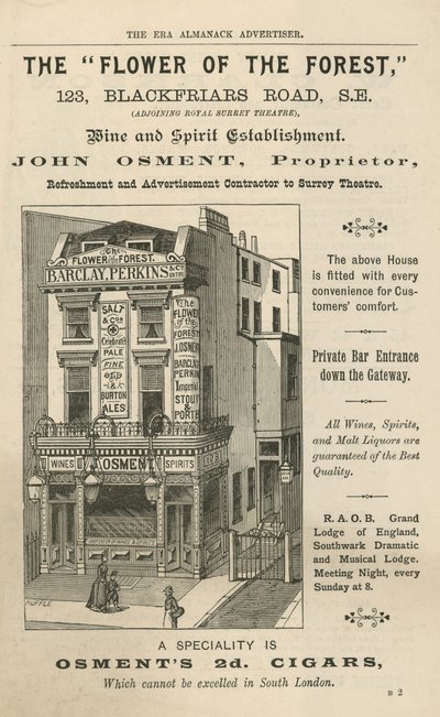 Publicité pour The Flower of the Forest, 123 Blackfriars Road, Londres - English School