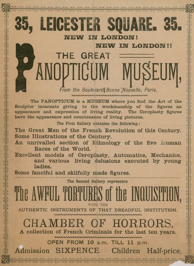 Annonce pour Le Grand Panopticum Museum, 35 Leicester Square, Londres, 1854 - English School