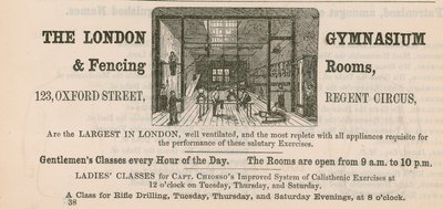 Publicité pour le London Gymnasium & Fencing Rooms, 123 Oxford Street, Regent Circus - English School