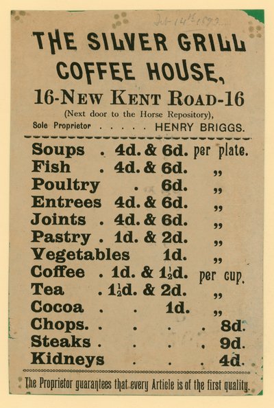 Publicité pour The Silver Grill Coffee House, 16 New Kent Road, Londres - English School