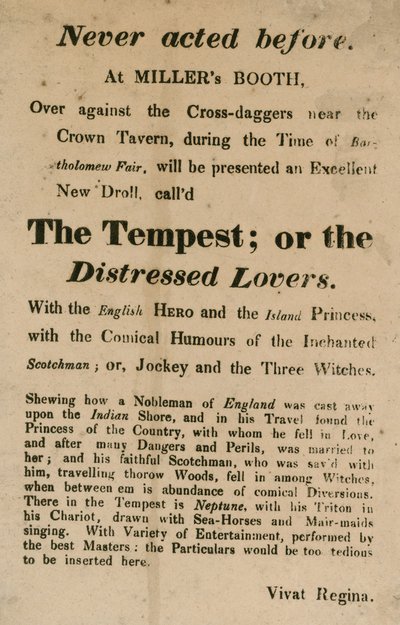 Annonce pour La Tempête; ou, Les Amants en détresse, jouée au Millers Booth, Cross Daggers, près de la Crown Tavern - English School