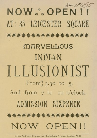 Publicité pour un illusionniste indien apparaissant au 35 Leicester Square, Londres - English School