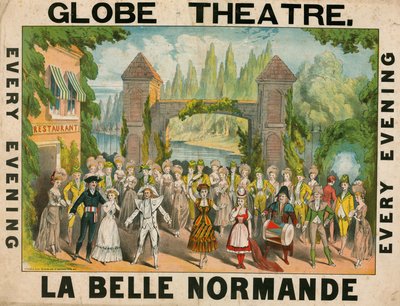 Annonce pour le Théâtre du Globe, Londres, pour La Belle Normande - English School