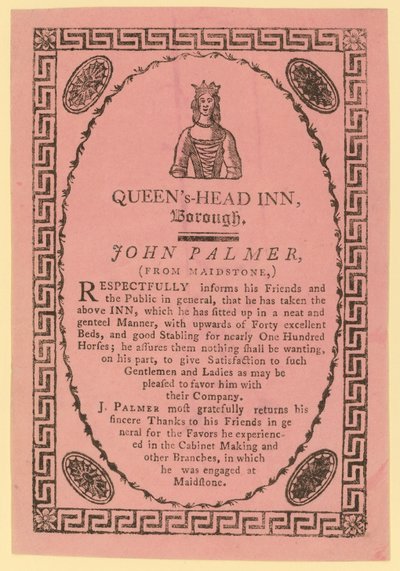 Publicité pour le Queens Head Inn, Borough, Londres - English School