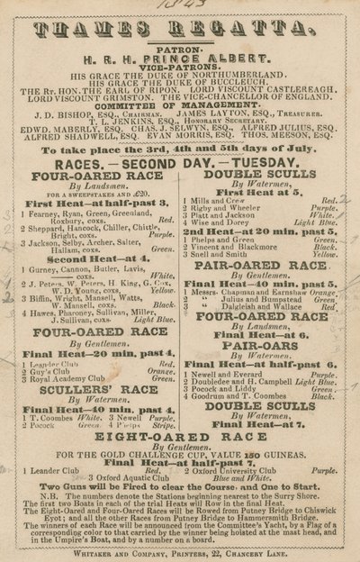 Annonce pour la régate de la Thames, 1843 - English School