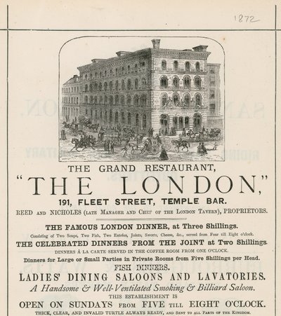 Publicité pour le grand restaurant The London, 191 Fleet Street, Temple Bar - English School