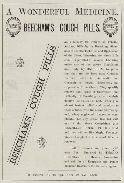 Publicité, pilules contre la toux de Beecham (gravure) - English School