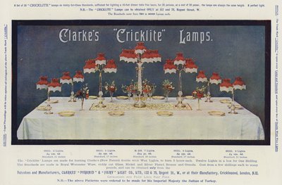 Publicité, lampes "Cricklite" de Clarke (chromolithographie) - English School