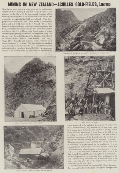 Publicité, exploitation minière en Nouvelle-Zélande, Achilles Gold-Fields (gravure) - English School