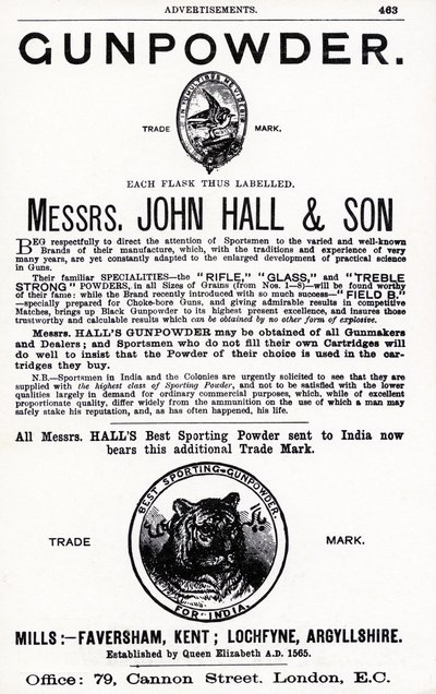 Publicité pour la poudre à canon par Messrs. John Hall & Son - English School