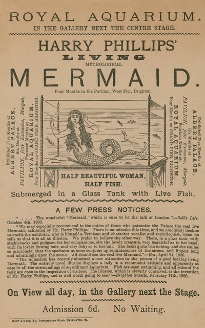 Publicité pour la Sirène Mythologique Vivante de Harry Phillips - English School