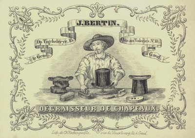 Publicité pour J Bertin, nettoyeur de chapeaux, Gand, Belgique - English School