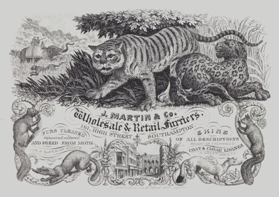 Publicité pour J Martin & Co, grossistes et détaillants en fourrures, Southampton, Hampshire - English School