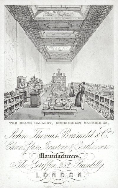 Publicité pour John Thomas Brameld and Co, fabricants de porcelaine, verre, faïence et grès, Londres - English School