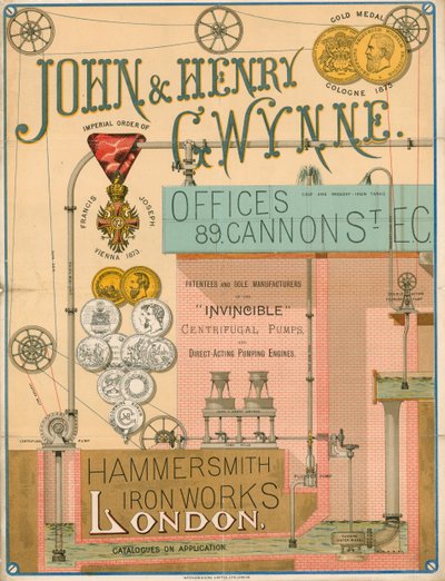 Publicité pour John et Henry Gwynne, 89 Cannon Street, Londres, fabricant de la pompe centrifuge Invincible - English School