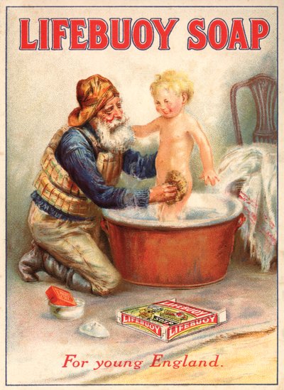 Publicité pour le savon Lifebuoy montrant un sauveteur baignant un enfant - English School