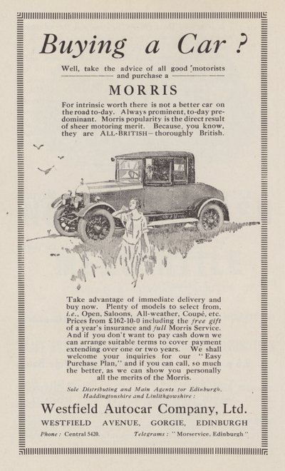 Publicité pour les voitures Morris, 1926 - English School