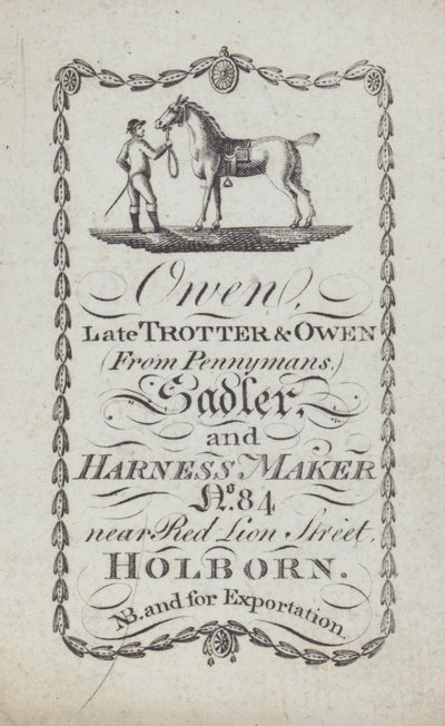 Publicité pour Owen, sellier et fabricant de harnais, Londres - English School