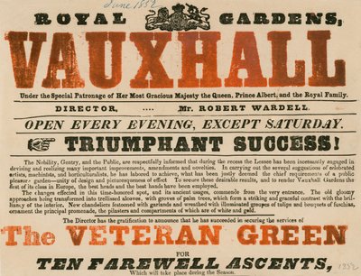 Annonce pour le jardin royal, Vauxhall; jardins de Vauxhall, Londres - English School