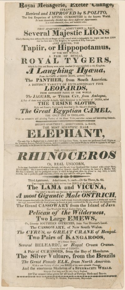 Publicité pour la ménagerie royale, Exeter Change - English School