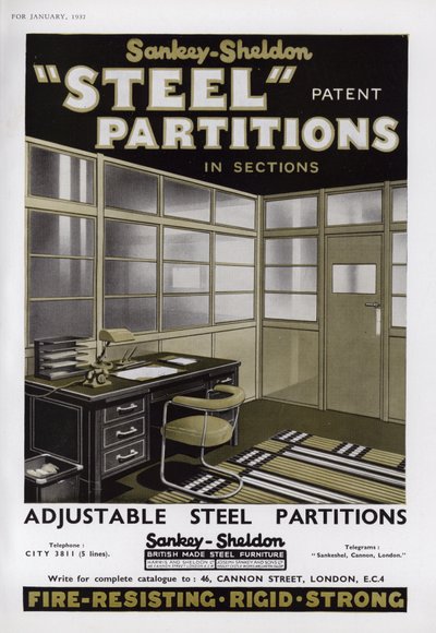 Publicité pour les cloisons en acier Sankey-Sheldon, 1937 - English School